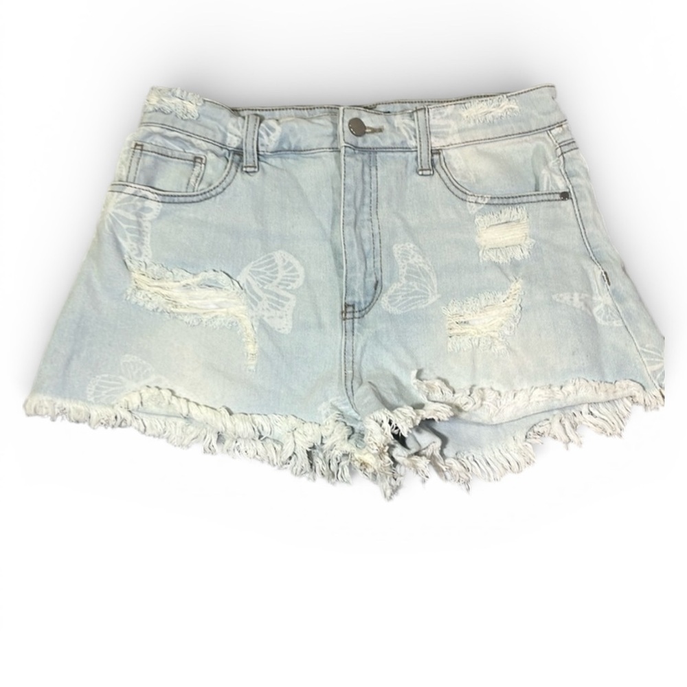 Material Girl Butterfly Distressed Denim Shorts Size 9 Juniors Light Wash